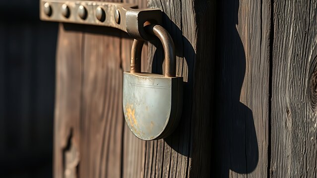 autocracy. A heavy rusted padlock securing a weathered wooden barn door. travel magazines, destination branding, designed for travel destination branding, drives exploration.