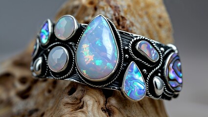 Pear strong play opal organic bracelet in blackened silver freeform iridescent on abalone shell texture