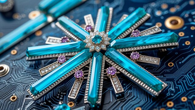 Baguette apatite electric spark brooch in platinum linear flash electric on cobalt circuit board texture