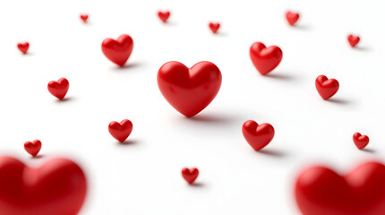 Love's Embrace: A scattering of vibrant red hearts, each with a unique shape and size, float weightlessly in an ethereal dance, evoking feelings of affection and romance. 