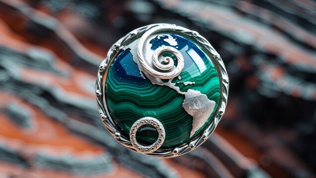 Oval azurite malachite earth swirl brooch in sterling silver planet view aerial on copper mine terraces