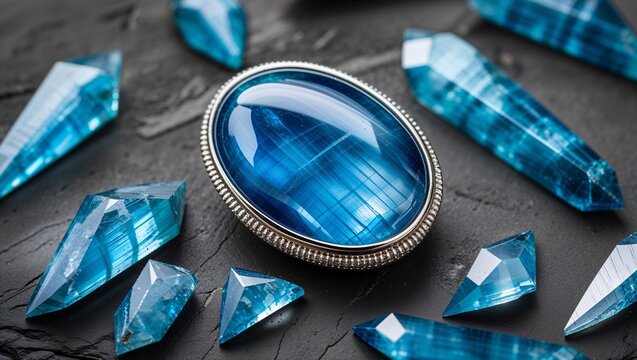 Oval kyanite blade pin in platinum sharp bezel cool side light on steel blue frost shards