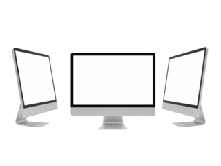 Three modern computer monitors with blank white screens arranged in a row isolated on transparent background