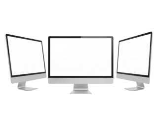 Three modern computer monitors arranged in a panoramic display setup isolated on transparent background