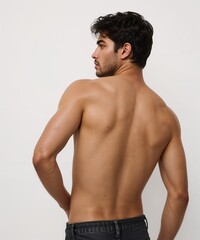 smiling filipino guy on oversized shirt fit model pose on white background