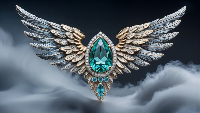 Trillion seraphinite angel wing brooch in white gold feather etchings ethereal on cloud mist layers