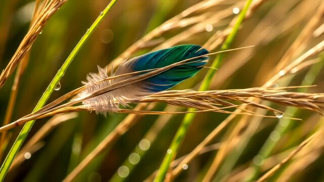 Close up of a colorful feather resting on a blade of grass in nature.