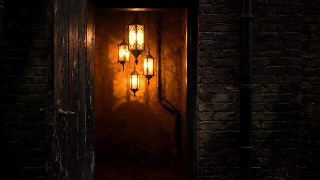 Mysterious glowing lanterns illuminate a dark, textured hallway with brick walls, creating an atmospheric and intriguing scene.