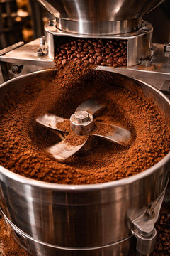 Industrial coffee grinder processing roasted beans into ground coffee