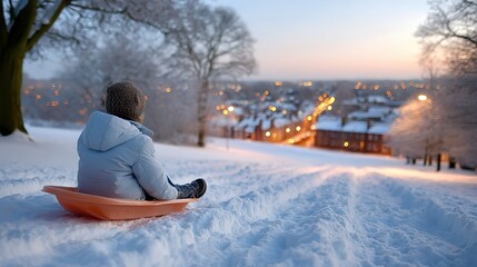 Adventurous child sledding on snowy hill in winter wonderland at sunset