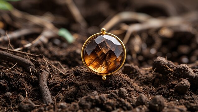 Round dravite brown tourmaline root chakra pin in yellow gold grounding warm on rich soil root macro
