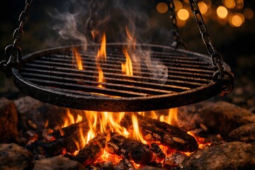 Round cast iron grill hanging over open fire flames