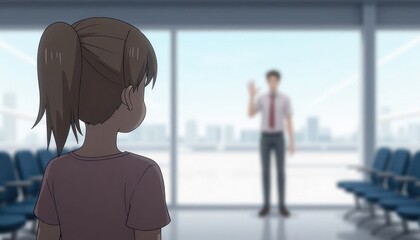Fototapeta premium A young girl with brown hair in a ponytail looks at a man in a suit holding a sign. They are in an airport terminal with seating and large windows.