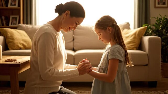Mother and daughter praying together in a warm, inviting living room, fostering faith and family values.