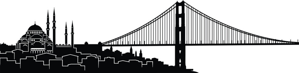 Istanbul skyline silhouette, mosque and bridge illustration, Bosphorus landmark, Turkish architecture, cultural heritage, black and white flat vector © MD