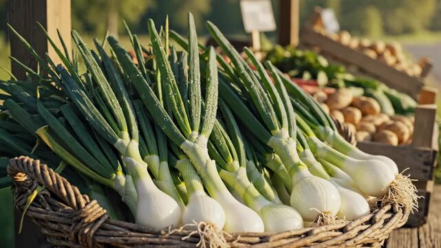 Beautiful display of enormous vibrant spring onion bunches resting naturally in an aged woven basket ready for sale at a roadside produce stand scallions, rustic, garnish