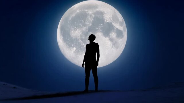 Sequence of a human silhouette standing on a desolate planet with a giant full moon. Surreal science fiction concept of space exploration, discovery and the unknown