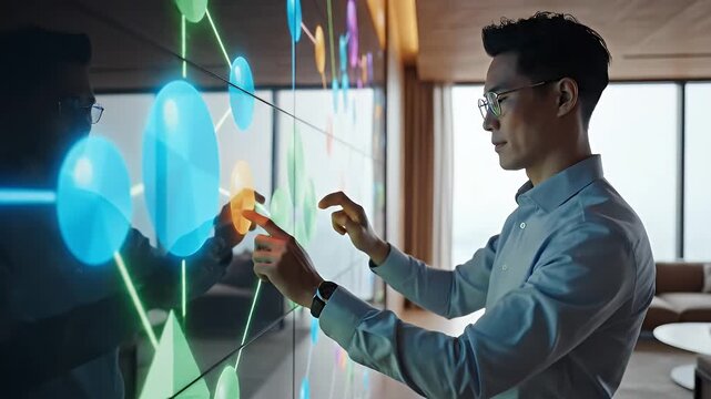 Asian Businessman Interacting with Interactive Data Visualization Wall Display