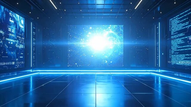 Futuristic room with screens displaying starry space and computer code, illuminated by blue neon lights.