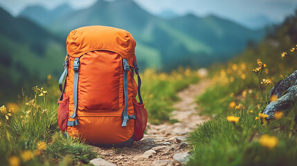 Bright yellow backpack resting amidst vibrant wildflowers in a sunny meadow