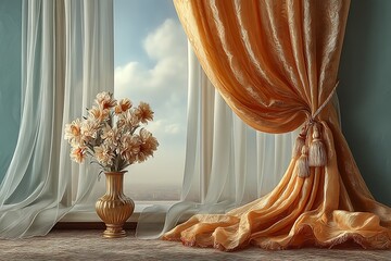 Elegant window display with gold vase, beautiful flowers, sheer white curtains, and luxurious drapes