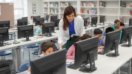 Female teacher assisting young boys and girls with computers in a school computer lab with rows of desks and bookshelves