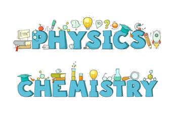 Chemistry and physics science words with doodle laboratory icons. Concept of education, research and experiment with sketch of school chemical lab, microscope, magnet, vector illustration