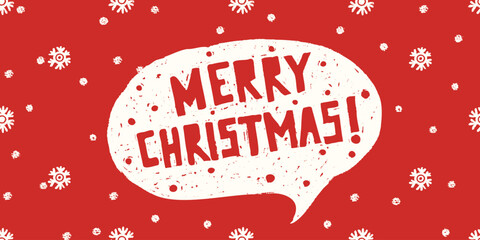 Christmas background with crayon snowflakes and speech bubble with Merry Christmas text. Holiday banner with snow, chalk texture, vector illustration