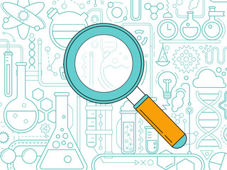 Science laboratory, school chemistry background with abstract geometric background. Medical, chemical or biology research, school education concept with magnifying glass, dna molecule, tubes and flask