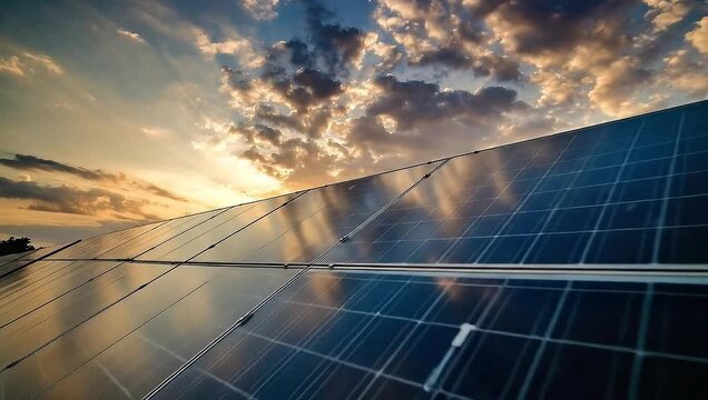 Solar panels reflecting a beautiful sunset sky with dramatic clouds, generating clean energy.