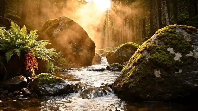 Beautiful golden hour light illuminates thick humid mist hovering above a cool flowing mountain creek surrounded by ferns and ancient boulders calm, ethereal, Beautiful golden hour light