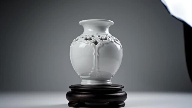 A white porcelain vase with intricate openwork design sits on a dark wooden stand. Soft lighting creates shadows