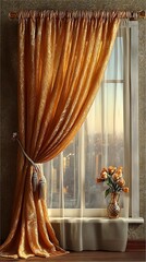 Golden curtains elegantly frame a city view with roses in sunlightdrenched interior decor
