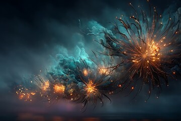 Golden fireworks bloom against a mystical teal sky, an atmospheric display of radiant light