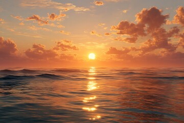 Golden sunset over tranquil ocean with fluffy clouds and reflective water surface view