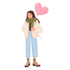 Girl Holding Heart Balloon in Winter Outfit. Woman in a winter jacket and scarf holding a pink heart shaped balloon, expressing warmth and cheerful seasonal vibes.