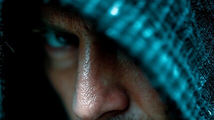Intense man under blue hooded mesh fabric gazes directly, portrait perspective