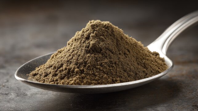 A heaping spoonful of earthy cumin powder clumped together, showcasing rich texture and aromatic culinary potential.