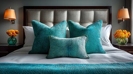 Luxurious bedroom setting showcasing textured headboard, vibrant turquoise pillows and blanket, alongside bedside floral accents