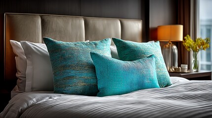 Luxurious bedroom featuring soft white bedding and elegant teal decorative pillows for relaxation