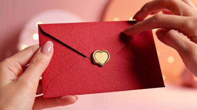 Close-up of hands holding a red envelope with a golden heart seal, symbolizing love and special occasions.