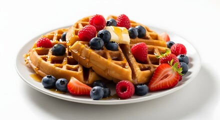 Delicious waffles with fresh berries and butter isolated on white background