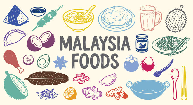 Malaysia Icon Set. Malaysian Food. A hand drawn vector collection of nasi lemak, satay, durian, laksa and tea for a Southeast Asian travel guide, restaurant menu, and cultural tourism.