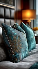 Luxurious teal decorative pillows with gold accents, bedding set on a modern bed interior