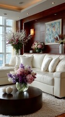 Luxurious white living room featuring floral bouquets, dark wood accents, and stylish decorations