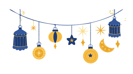 Vector set of hanging Islamic ornaments including stars, lanterns, and coins, gold and navy blue colors, festive look.