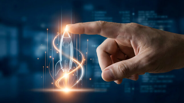 Hand touching digital rocket launch interface with glowing lines,concept of business startup acceleration,technology innovation strategy,financial growth success,future project boost. - Powered by Adobe
