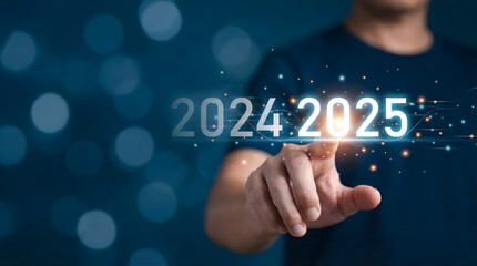 Man touching virtual screen changing year from 2024 to 2025,new year resolution concept,business planning future timeline,calendar date transition,digital progress innovation strategy.