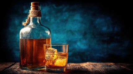 Elegant whiskey bottle and glass with ice on a wooden table