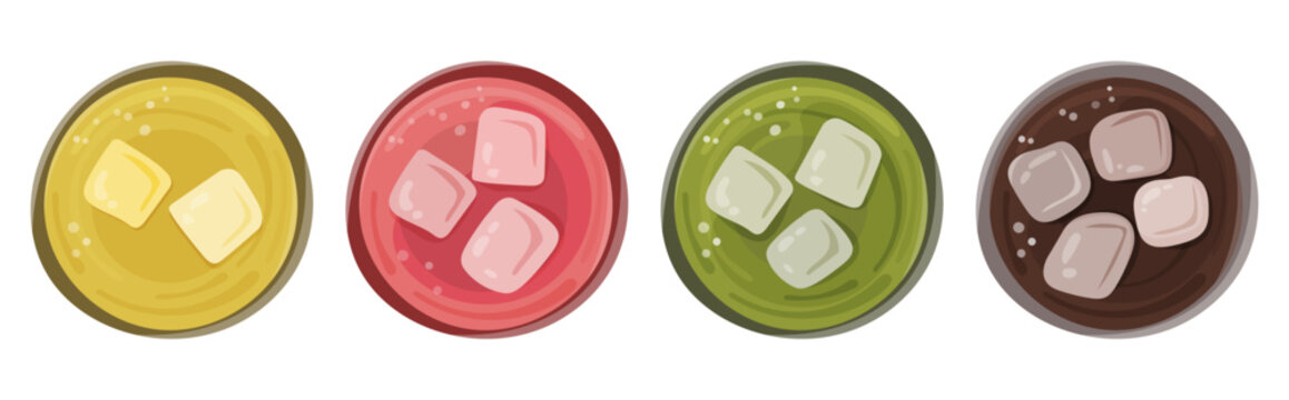 Top view illustration of a set of refreshing iced drinks in glasses with ice cubes, shown in different colors and flavors